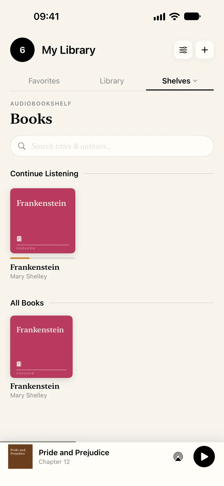 Unpaged connected to an Audiobookshelf server, showing Continue Listening and the full library.