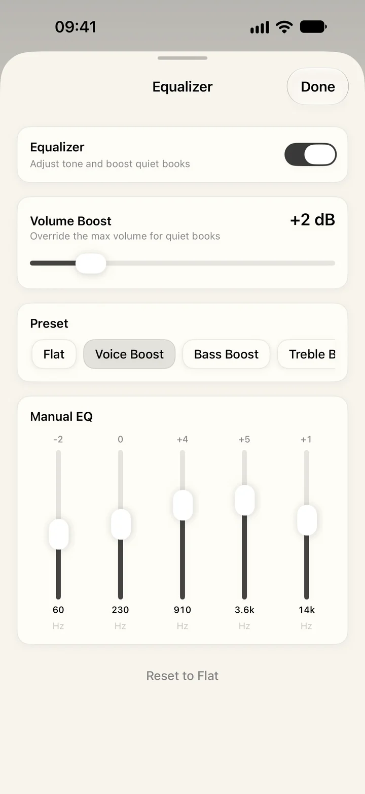 The per-book equalizer with Voice Boost selected and five manual bands.