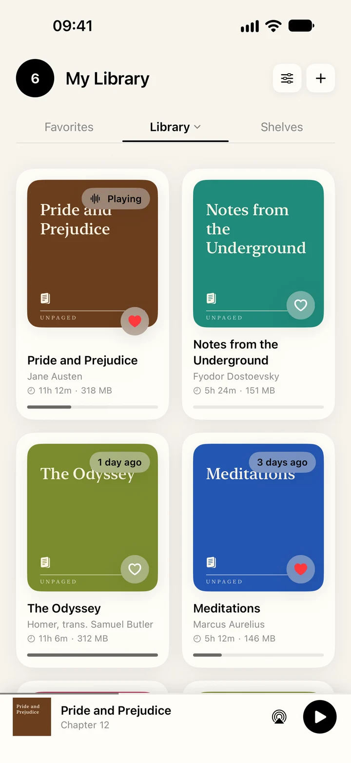 The Unpaged library with Pride and Prejudice, Notes from the Underground, The Odyssey and Meditations, each with its listening progress.