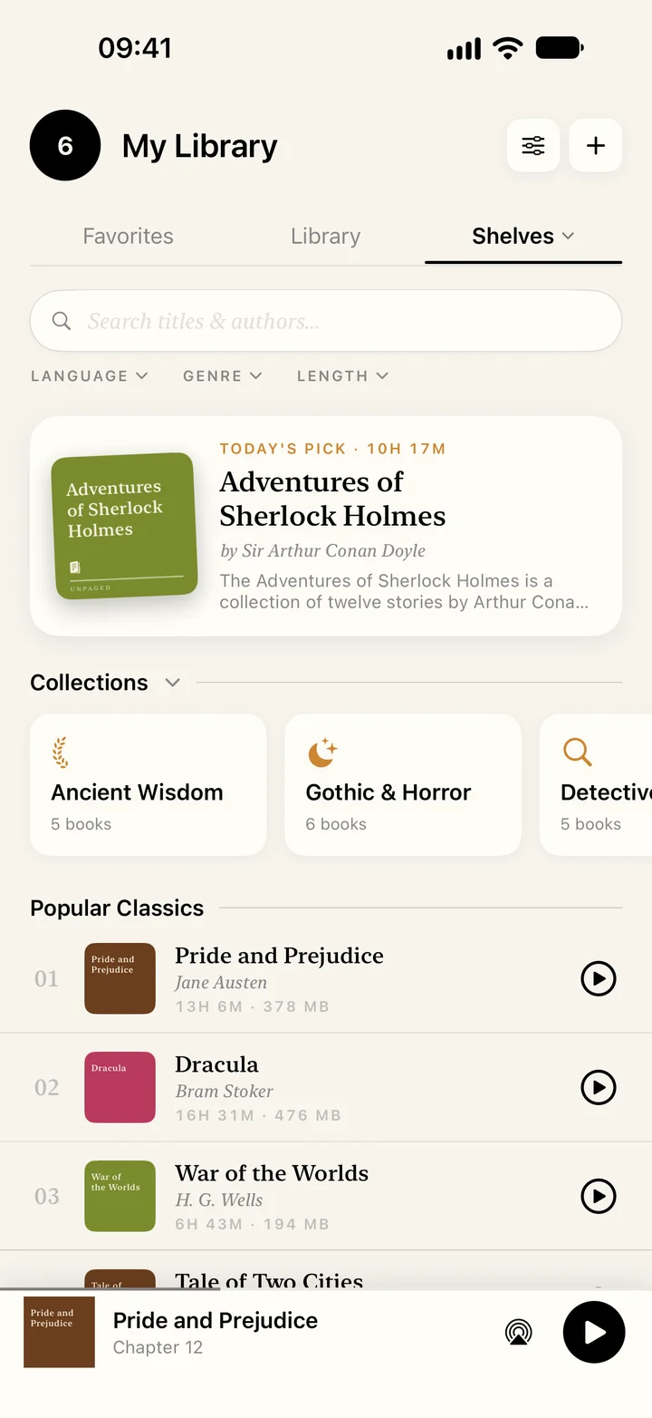 The Unpaged Shelves tab: today’s pick, curated collections and a numbered list of popular classics.