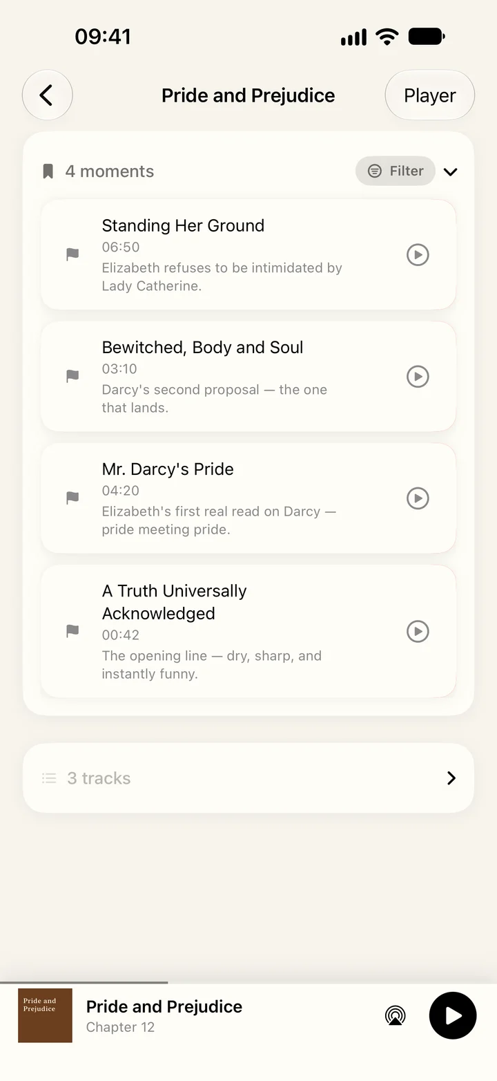 Four saved moments in Pride and Prejudice, each with a name, a timestamp and a short note.