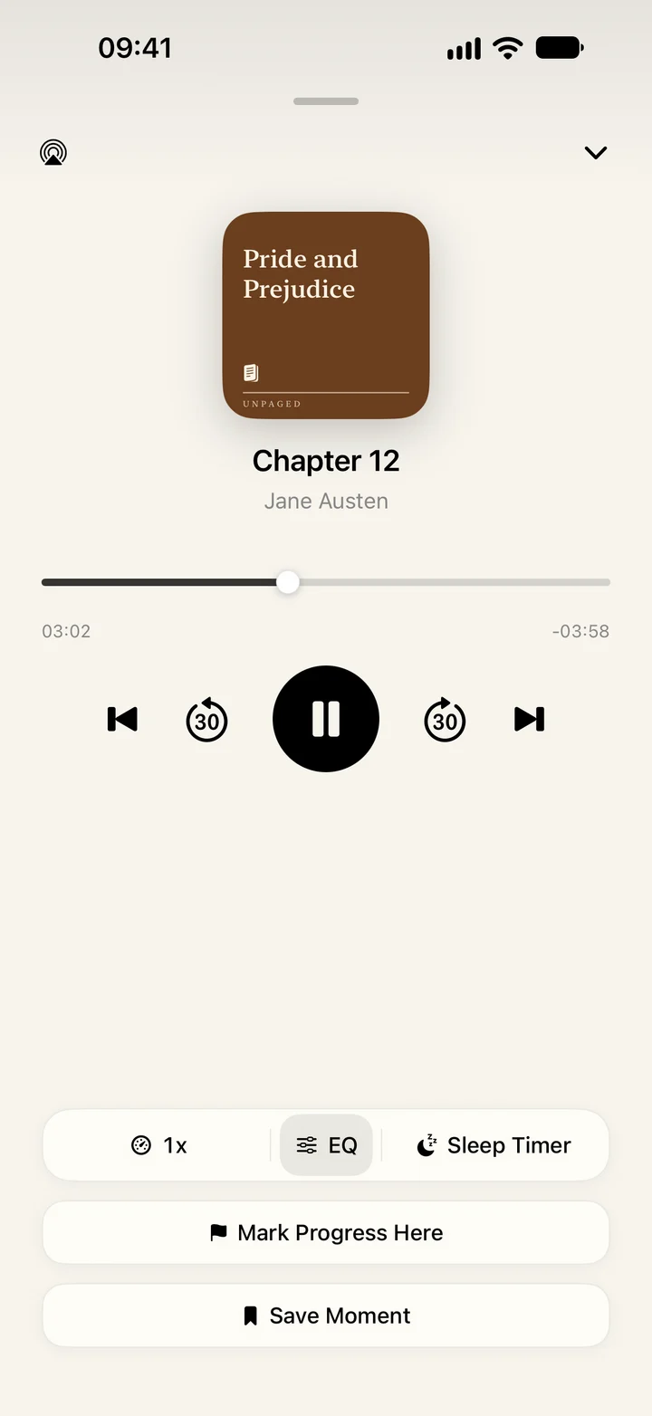 The Unpaged player on chapter 12 of Pride and Prejudice, with speed, equalizer, sleep timer and Save Moment.