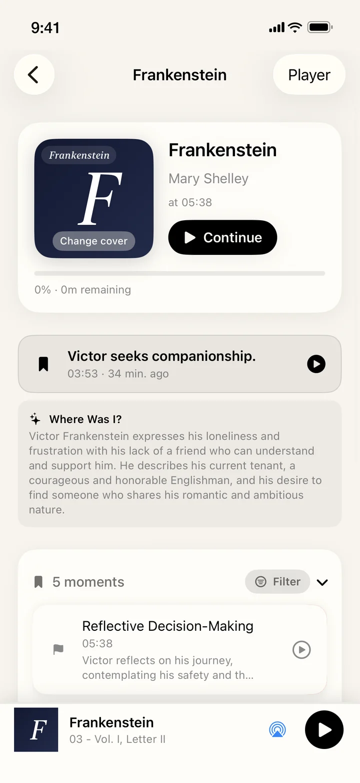 The Frankenstein book page with a Where Was I recap above the saved moments.